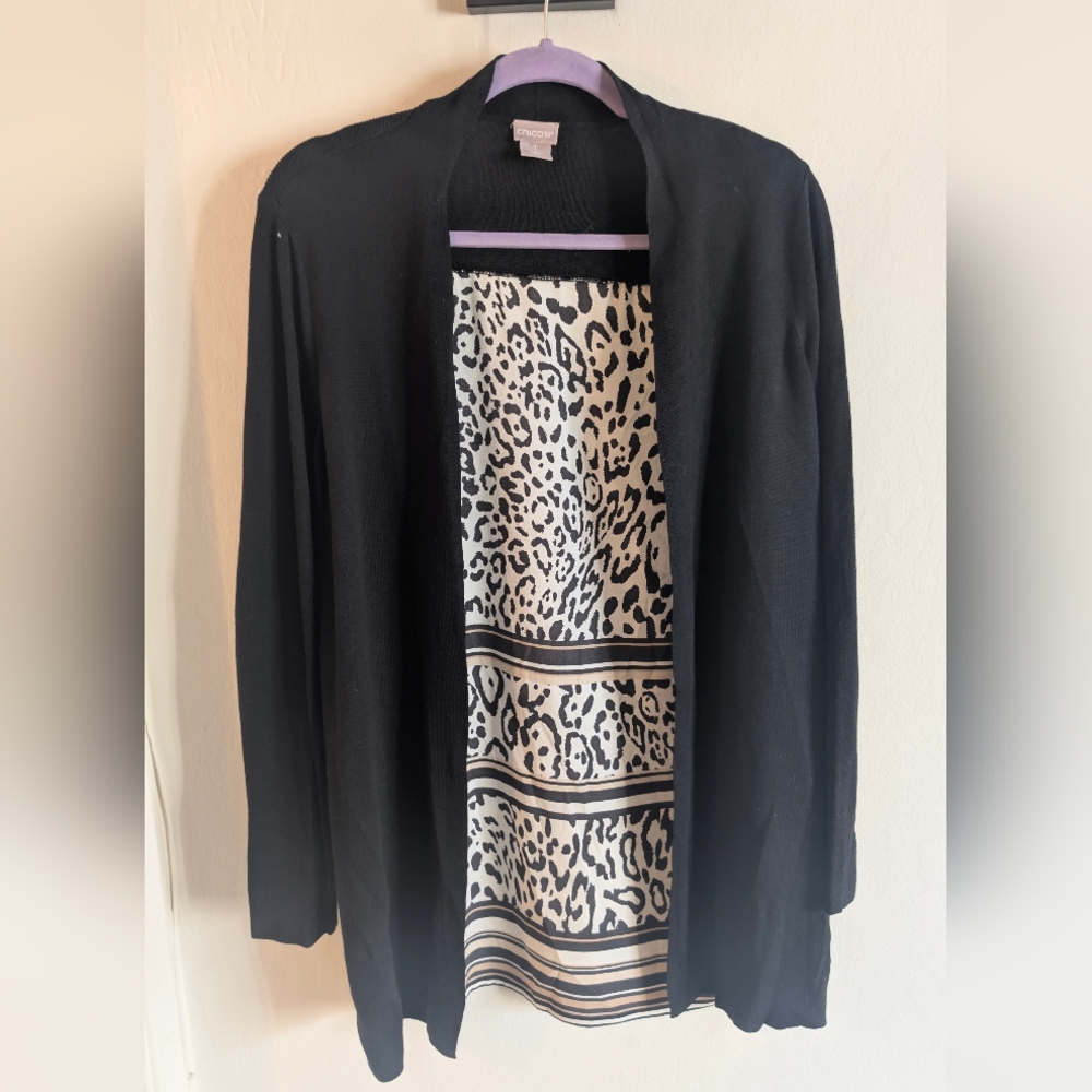Chico's Women's Cardigan Sweater Animal Print Longline Black NWT